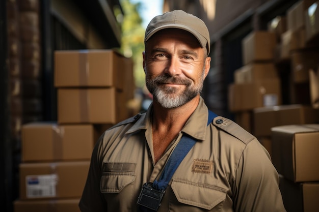 Der Zusteller steht mit einem Paketkarton in der Hand