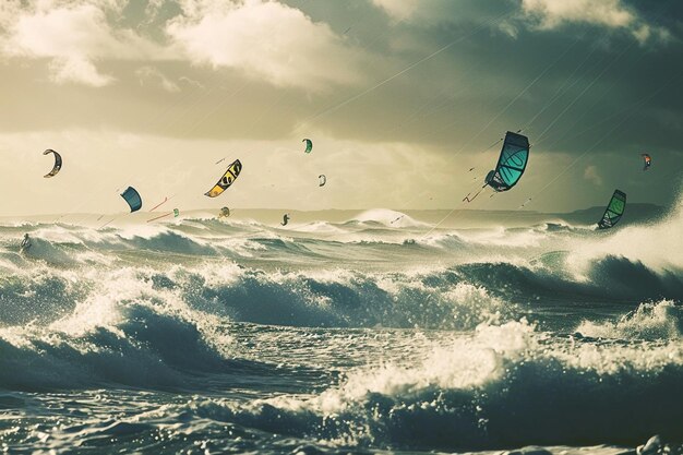 Foto a la deriva en la brisa costera como kitesurfistas atrapar generativo ai