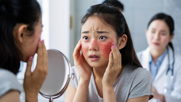 Foto dermatología pubertad mujer joven asiática chica mirando en el espejo alergia presentando una reacción alérgica