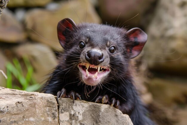 Foto un derpy diablo de tasmania con una expresión tonta y grandes dientes afilados