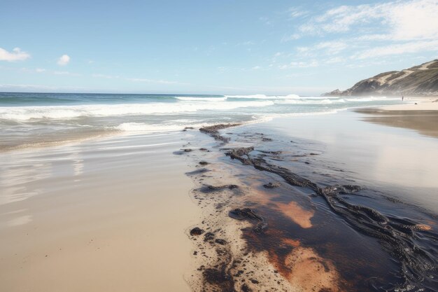 Derramamento de óleo em uma praia serena e bonita com as ondas rolando criadas com ai generativa