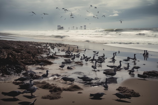Derramamento de óleo na praia com ondas rolando e gaivotas voando acima criado com geração de inteligência artificial