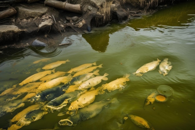 Derramamento de resíduos tóxicos no rio com peixes mortos e algas visíveis criados com ai generativa