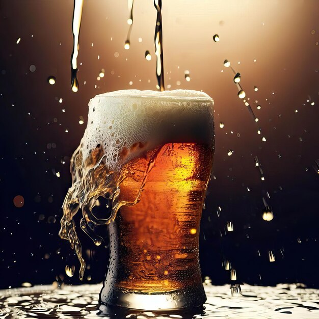 Derramando cerveja com espuma de bolha em vidro para Dia Internacional da Cerveja Generative Ai