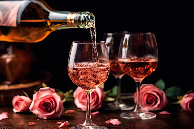 Derramando dois copos de vinho rosé de uma garrafa