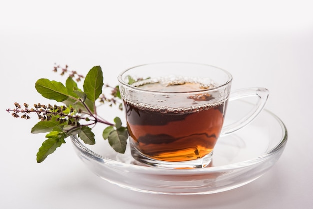 Derramando manjericão sagrado ou chá tulsi em um copo de vidro transparente com pires sobre fundo branco ou preto. medicina popular ayurvédica da índia