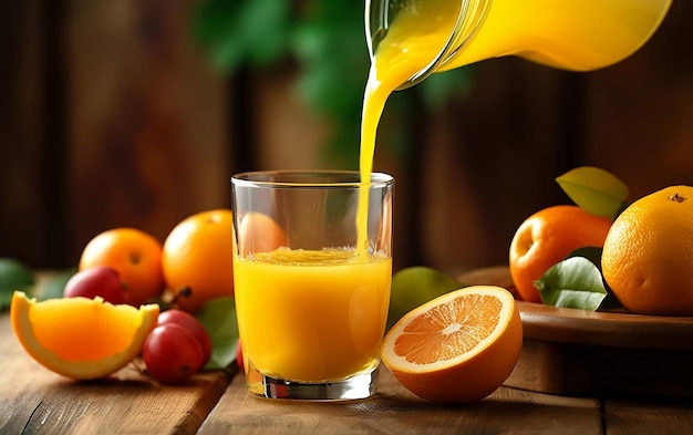 Derramando suco de laranja fresco em um copo IA generativa