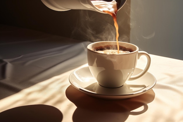 Foto derramar café quente em uma xícara de café em uma manhã nublada preguiçosa ia generativa