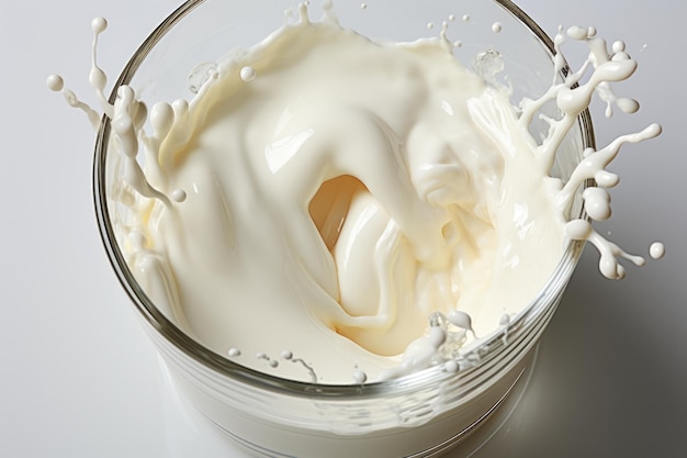 Derrame de leche fresca derrame de la leche en un vaso de leche que crea salpicaduras en una IA generativa blanca