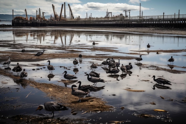 Derrame de petróleo en la bahía con pájaros y peces nadando entre las manchas creadas con ai generativo