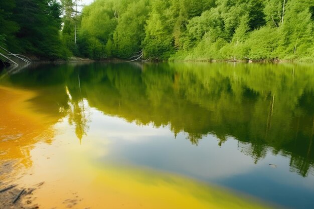 Derrame tóxico flotando en un lago tranquilo con reflejos en el agua creado con IA generativa