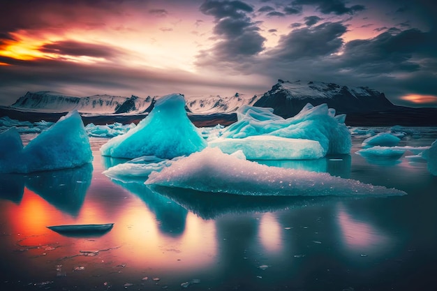 Derretendo icebergs flutuantes contra o pano de fundo do céu pôr do sol e da costa da montanha