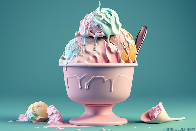 Derretimento de sorvete em copo com uma bela cor pastel em fundo ciano Ilustração generativa ai