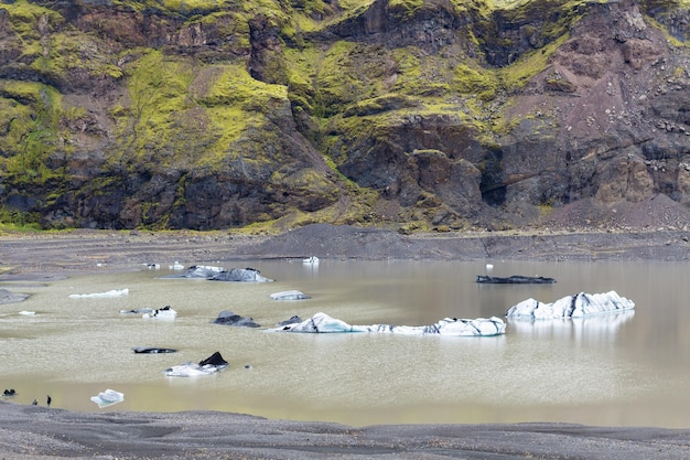 Derretimento do gelo na poça perto da geleira Solheimajokull