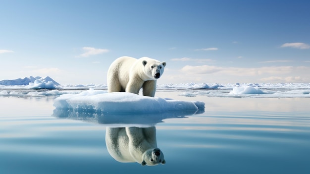 Derretimiento de los casquetes polares con un oso polar parado sobre un témpano de hielo cada vez más reducido, llamando la atención sobre la difícil situación de la vida silvestre afectada por el cambio climático.