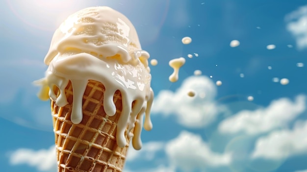 Derretimiento de helado de vainilla en cono de waffle goteando con leche contra el cielo azul brillante