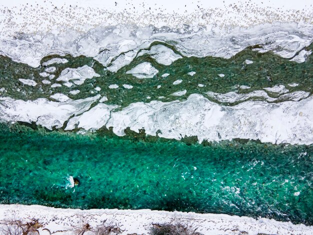 Derretimiento del hielo en la vista aérea superior del río,