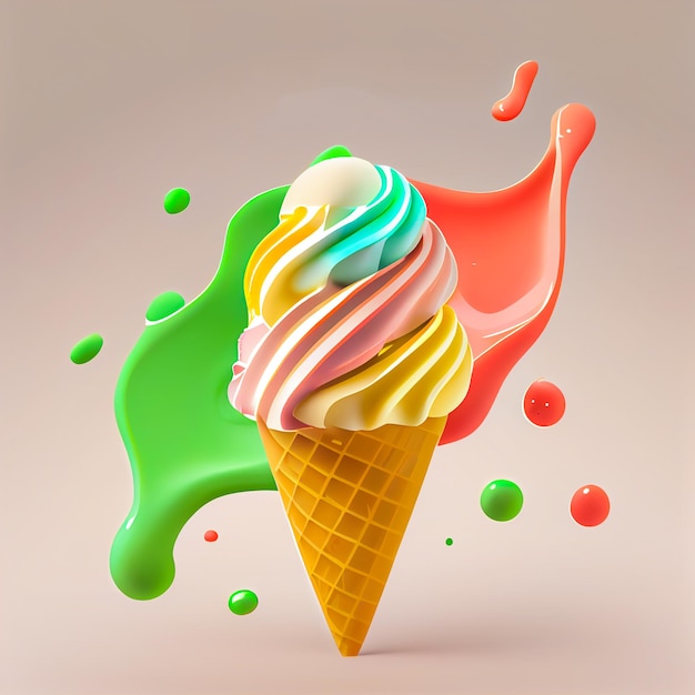Derretir bolas de helado en el cono de waffle aislado en el icono plano de fondo 3D Ilustración