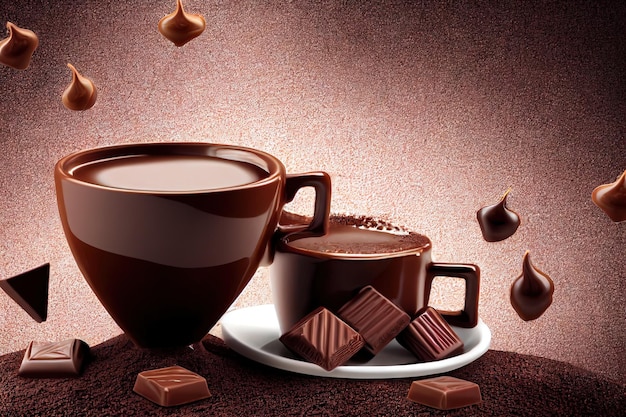 Derretir tazas de chocolate con leche con trozos de chocolate sobre fondo marrón
