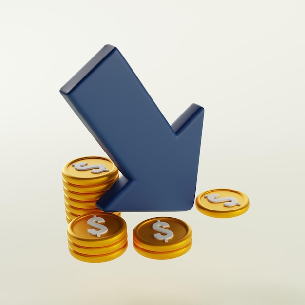 Desafios financeiros e flutuações econômicas Seta para baixo e ícone de sinal de dólar renderização 3D