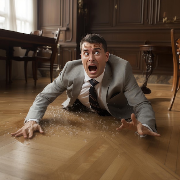 Foto desafortunado hd captura un momento hilarante de un hombre resbalando y cayendo en el suelo