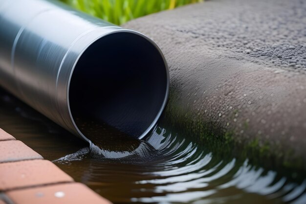 Desagüe de tuberías de agua en la acera de la calle con espacio de copia y formación de charcos en el camino