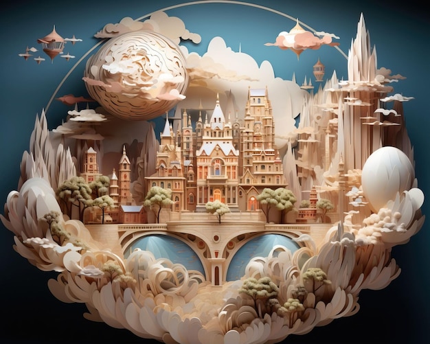 se desarrolla en una escultura de papel 3D con islas flotantes y criaturas mágicas