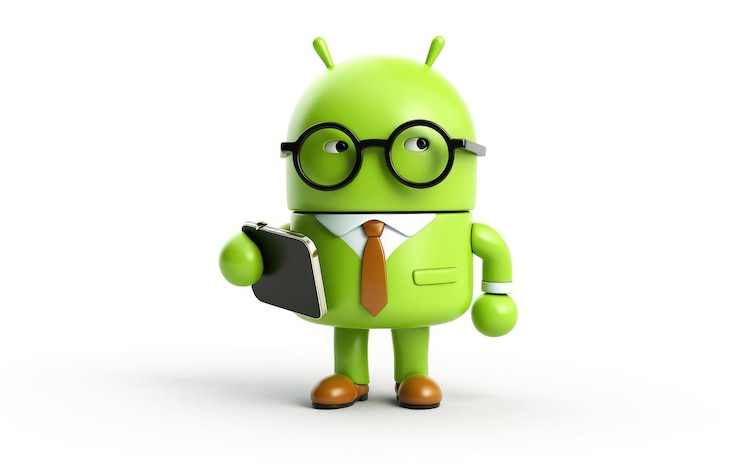 Foto desarrollador de aplicaciones android de dibujos animados en 3d fondo blanco