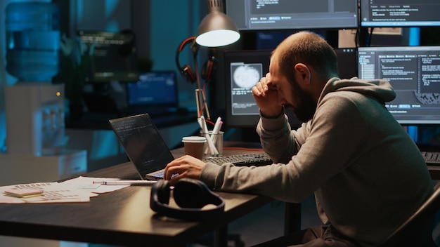 El desarrollador de aplicaciones se siente cansado y fatigado en el trabajo de oficina, se queda dormido trabajando en el código html. Hombre dormido agotado que se quema tarde en la noche y bosteza, codificando el servidor de seguridad.