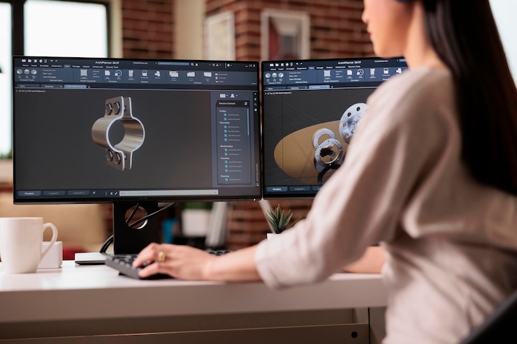 Foto desarrollador asiático que trabaja en ingeniería de engranajes, utilizando software técnico para fabricar productos de máquinas y turbinas de motores. freelancer desarrollando modelo de construcción con programa cad.