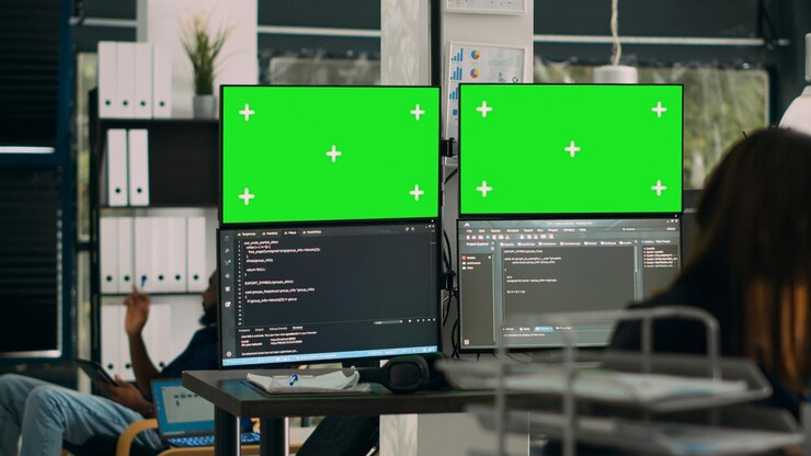 Foto desarrollador de bases de datos que analiza la pantalla verde en varias pantallas y trabaja con el código del servidor en los monitores. ingeniero de sistemas que usa cromakey de espacio de copia aislado con plantilla de maqueta en la oficina.