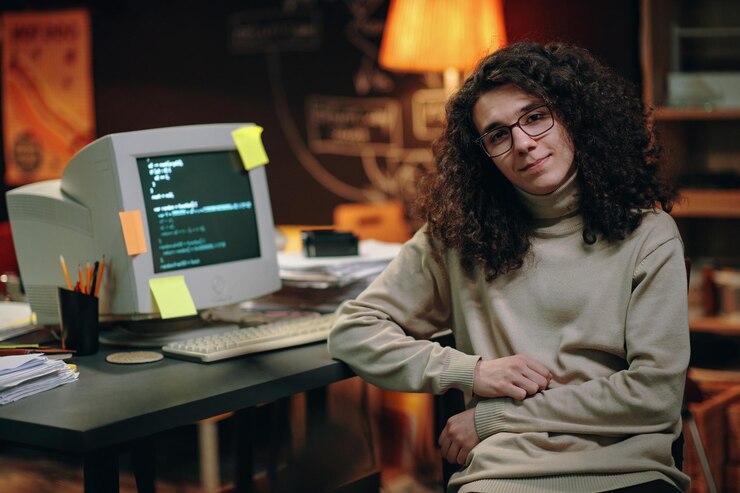 Foto desarrollador con cabello rizado sentado en su lugar de trabajo con computadora y trabajando con códigos