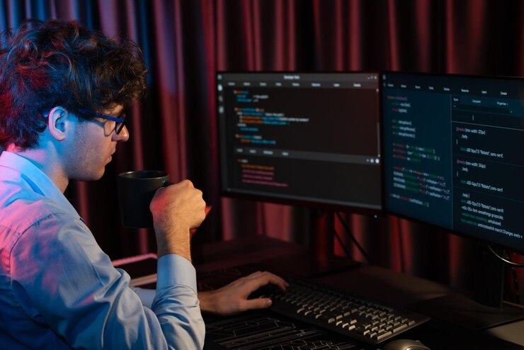 Foto el desarrollador se concentra en el software mientras bebe café en la luz de neón.