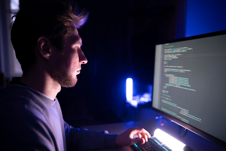 Foto un desarrollador concentrado trabaja en el código de programación en la pantalla de su computadora en una habitación oscura iluminada sólo por la luz de sus monitores