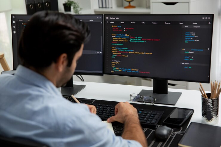 Foto desarrollador escribiendo datos memorando desarrollo de software en papeles codificación conjetura
