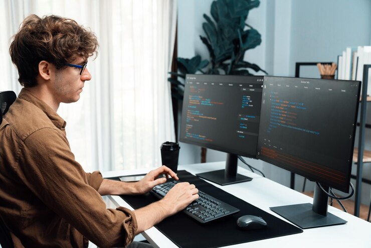 Foto desarrollador con estrés sobrecargado de trabajo en la creación de código de software en línea gusher