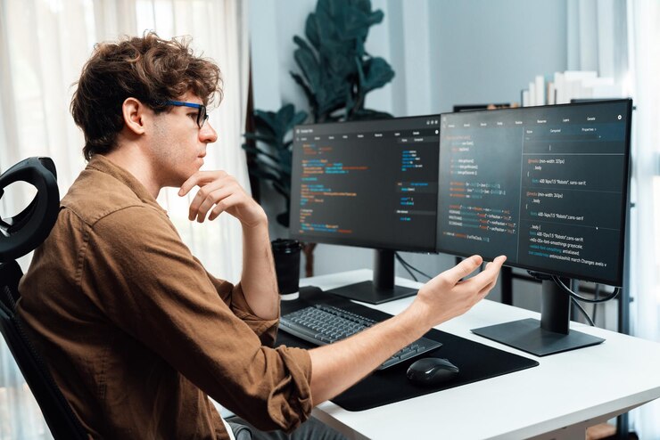 Foto desarrollador con estrés sobrecargado de trabajo en la creación de código de software en línea gusher