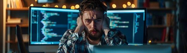 Desarrollador estresado en el espacio de trabajo de alta tecnología observando el despliegue fallido del código vestimenta casual frustrada