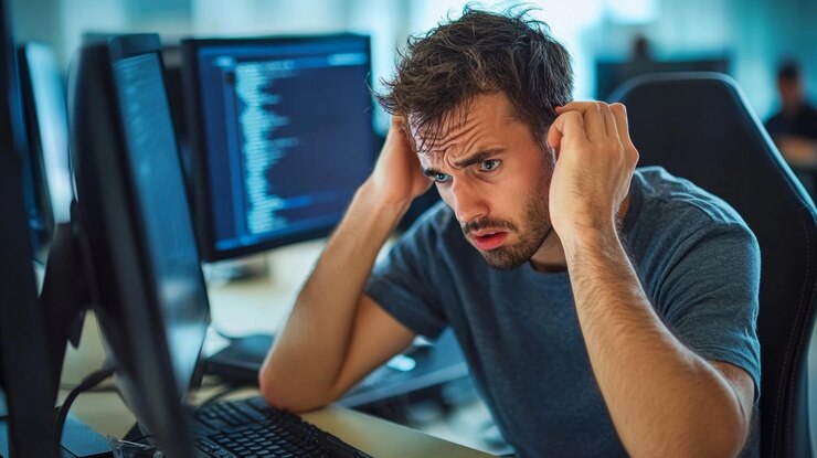 Foto desarrollador frustrado frente a un problema de codificación