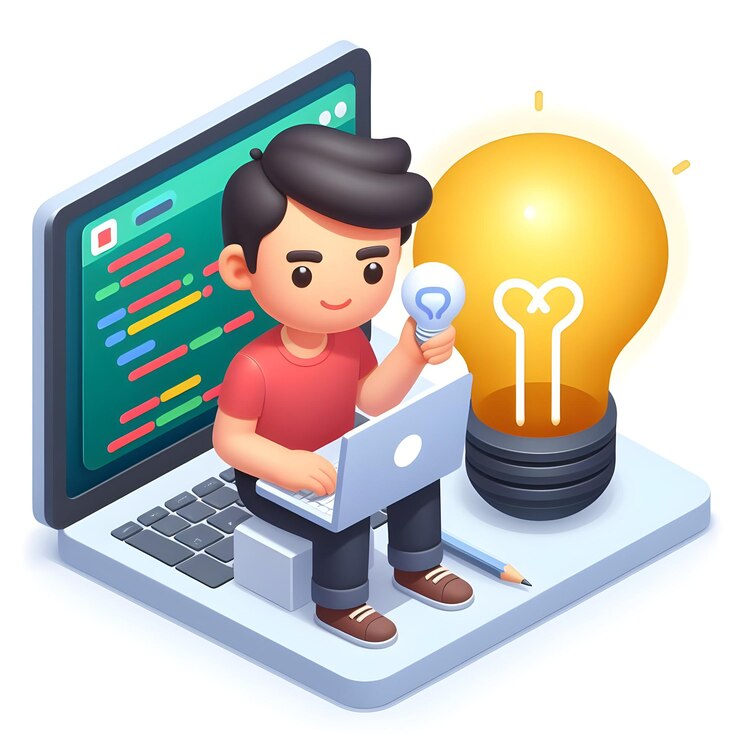 Foto desarrollador de icono plano 3d sosteniendo una bombilla junto a la pantalla de la computadora con el concepto de código de integración