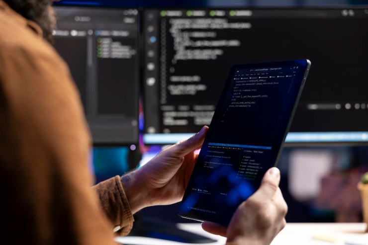 Foto desarrollador inspeccionando la codificación en un dispositivo portátil en busca de solucionar posibles problemas