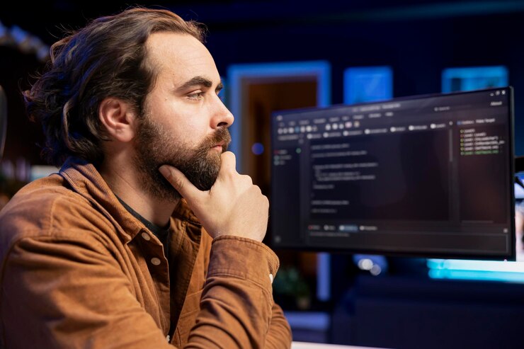 Foto desarrollador introspectivo que propone soluciones para una red de empresas a prueba del futuro