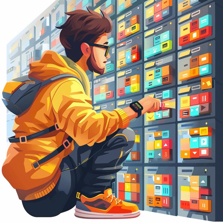 Foto desarrollador de juegos en un fondo de pantalla de datos