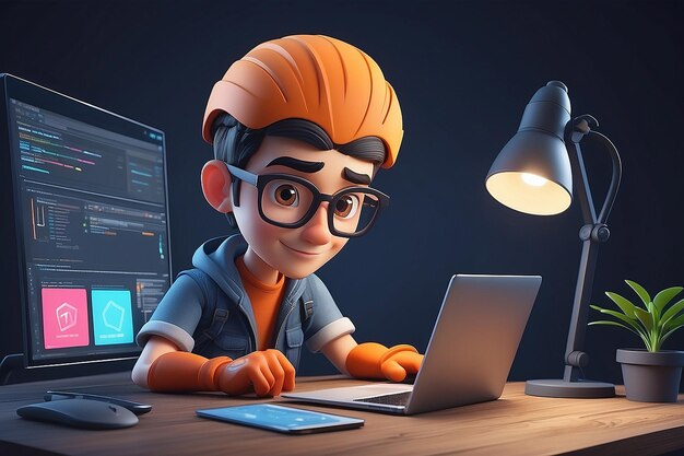 Desarrollador de personajes de dibujos animados 3D diseñador trabajando en el desarrollo de aplicaciones web para portátiles desplegar frontend