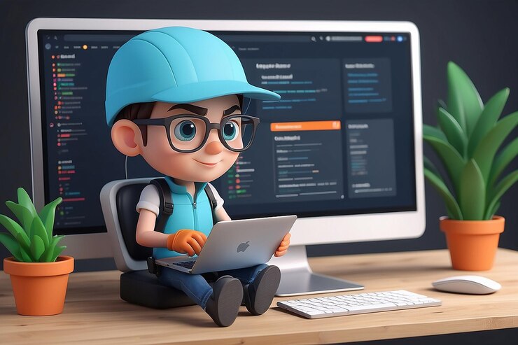 Foto desarrollador de personajes de dibujos animados 3d diseñador trabajando en el desarrollo de aplicaciones web para portátiles desplegar frontend