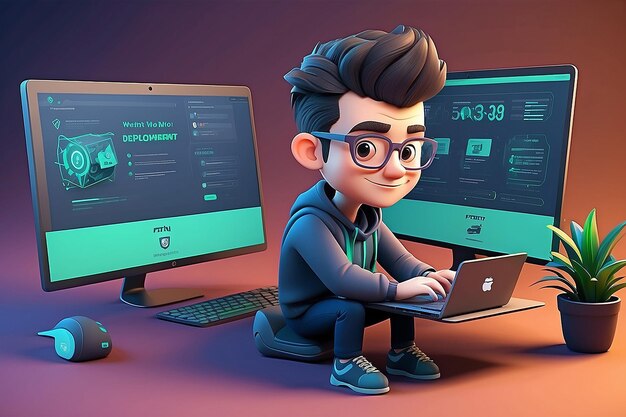 Desarrollador de personajes de dibujos animados en 3D que trabaja en computadora portátil para el desarrollo de aplicaciones web y el despliegue frontend