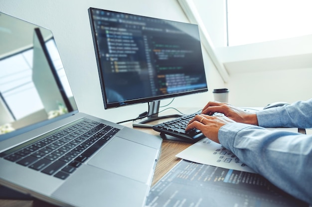 Desarrollador programador Desarrollo Diseño de sitios web y tecnologías de codificación que trabajan en la oficina de la compañía de software