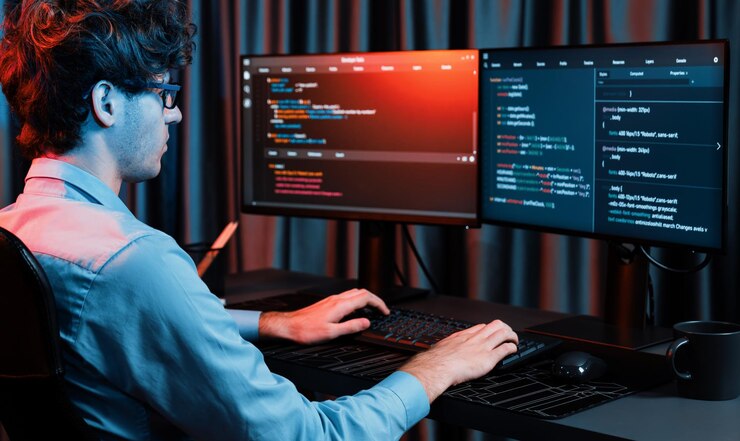 Foto desarrollador que crea información de software en línea codificando en la pantalla del ordenador
