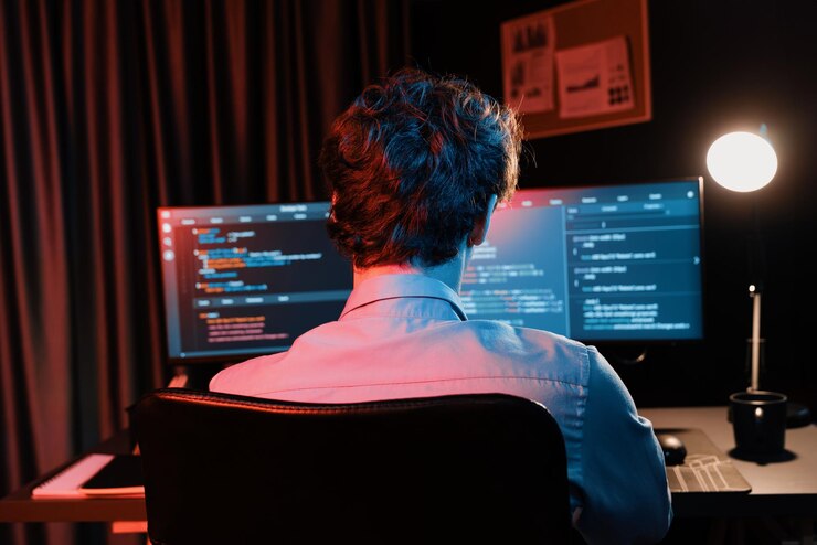 Foto desarrollador que crea información de software en línea codificando en la pantalla del ordenador