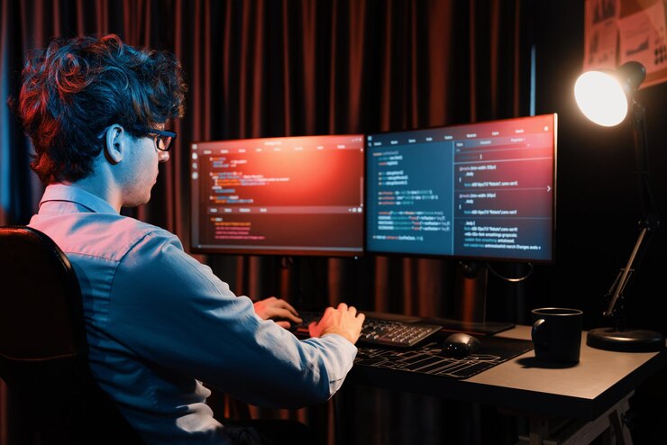 Foto desarrollador que crea información de software en línea codificando en la pantalla del ordenador